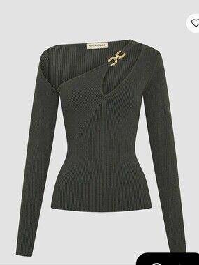 Nicholas Olive Asymmetric Ribbed Knit Sweater with Gold Hardware